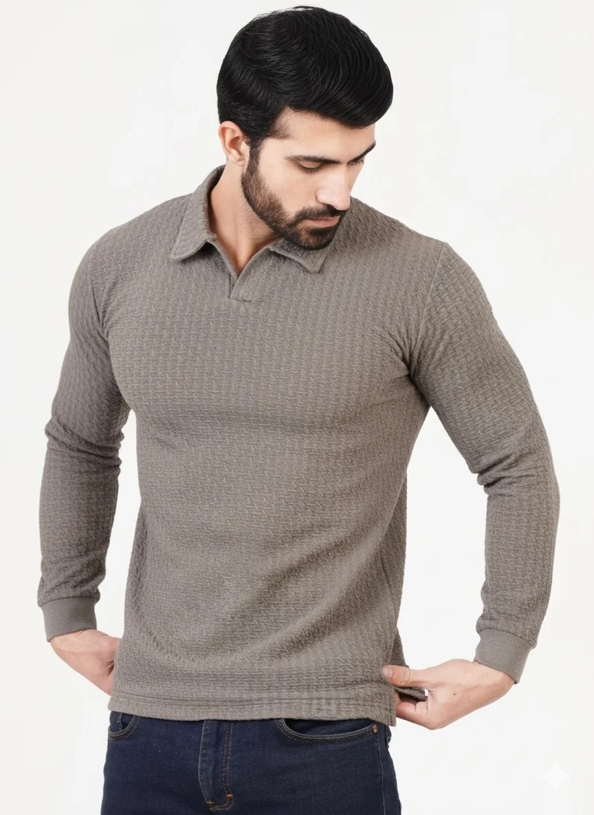 Men’s Gray Textured Long-Sleeve Polo Shirt